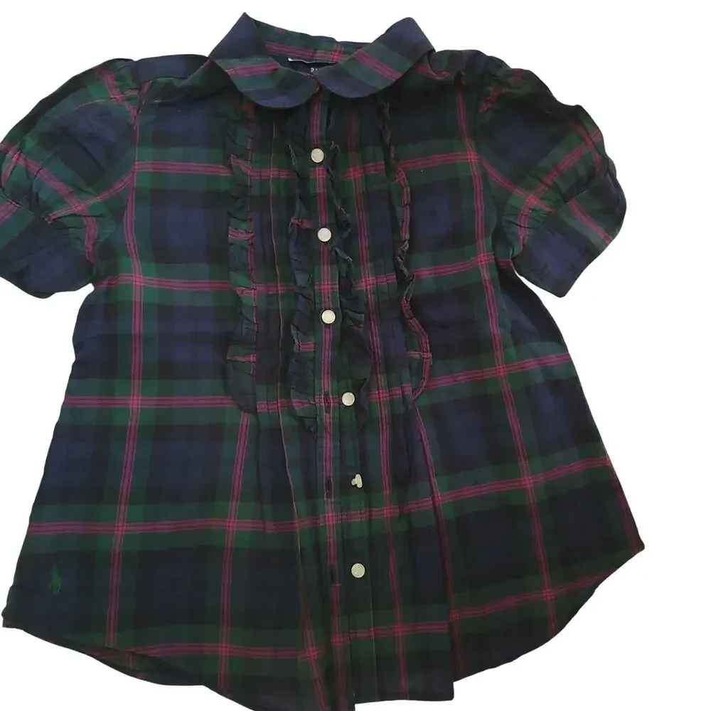 Ralph Lauren Shirt Girls 5 Cotton Plaid Puff Shoulder Pintuck Ruffle Button